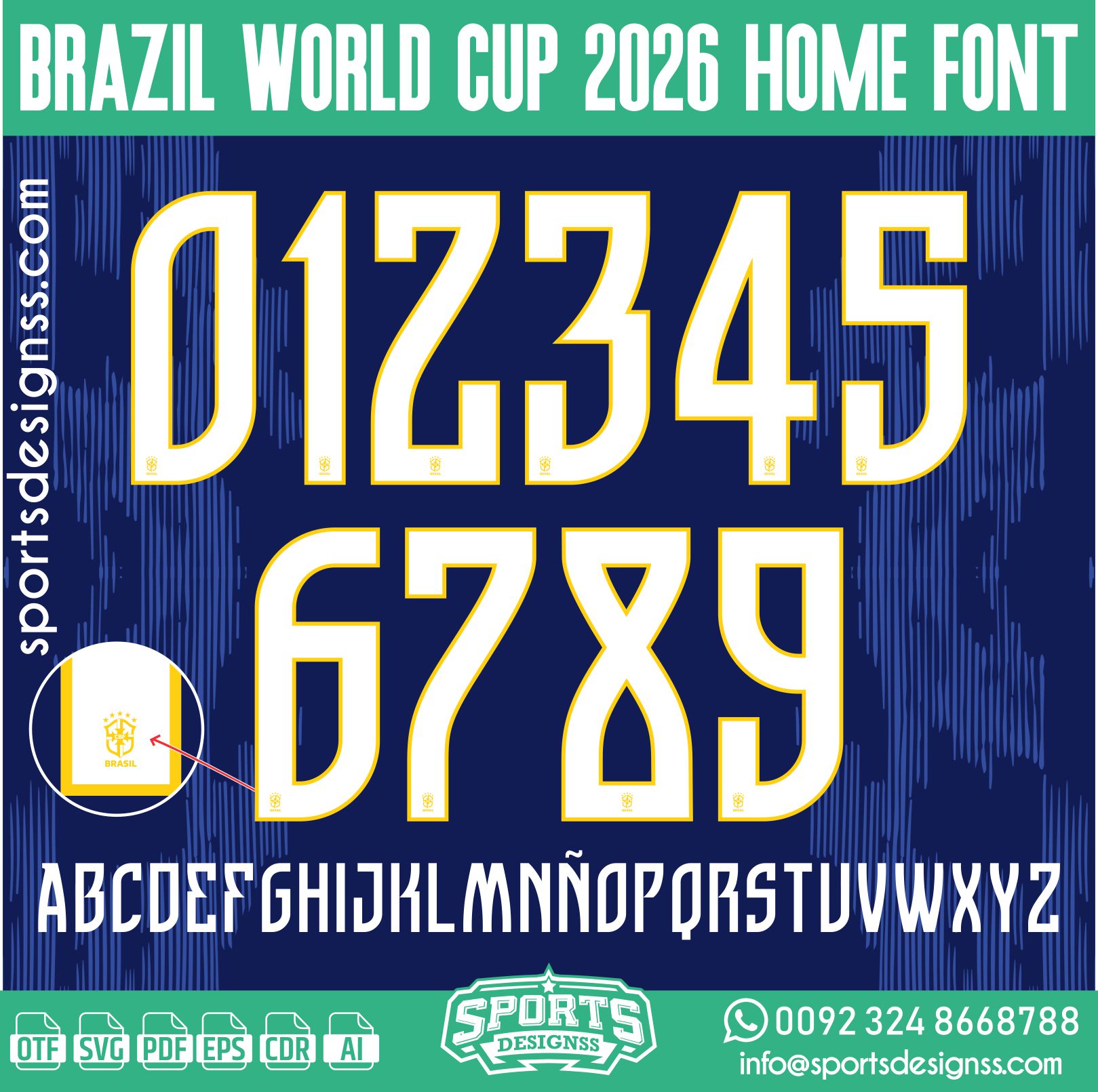 BRAZIL WORLD CUP 2026 HOME FONT by Sports Designss – a premium football jersey font inspired by modern kits. Perfect for creating professional soccer designs, team jerseys, and custom branding projects.
