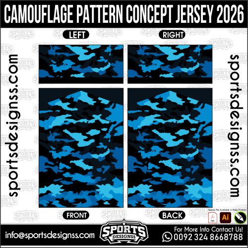 Download CAMOUFLAGE PATTERN CONCEPT JERSEY. Premium sublimation football shirt design, editable AI file for custom soccer kits and printing.
