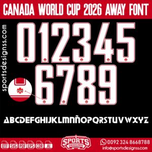 Download the CANADA WORLD CUP 2026 AWAY FONT by Sports Designss – a premium football jersey font inspired by modern kits. Perfect for creating professional soccer designs, team jerseys, and custom branding projects.