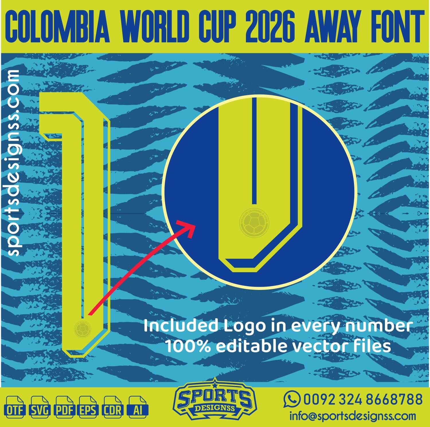 Download the COLOMBIA WORLD CUP 2026 AWAY FONT by Sports Designss – a premium football jersey font inspired by modern kits. Perfect for creating professional soccer designs, team jerseys, and custom branding projects.