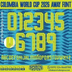 Download the COLOMBIA WORLD CUP 2026 AWAY FONT by Sports Designss – a premium football jersey font inspired by modern kits. Perfect for creating professional soccer designs, team jerseys, and custom branding projects.