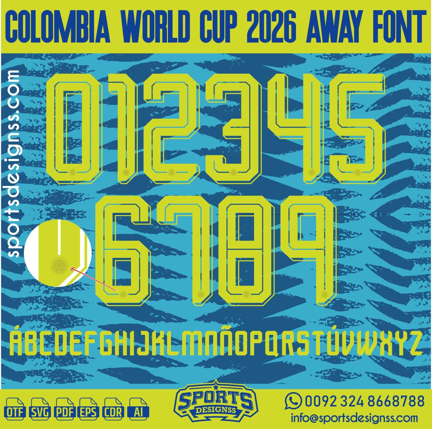 Download the COLOMBIA WORLD CUP 2026 AWAY FONT by Sports Designss – a premium football jersey font inspired by modern kits. Perfect for creating professional soccer designs, team jerseys, and custom branding projects.