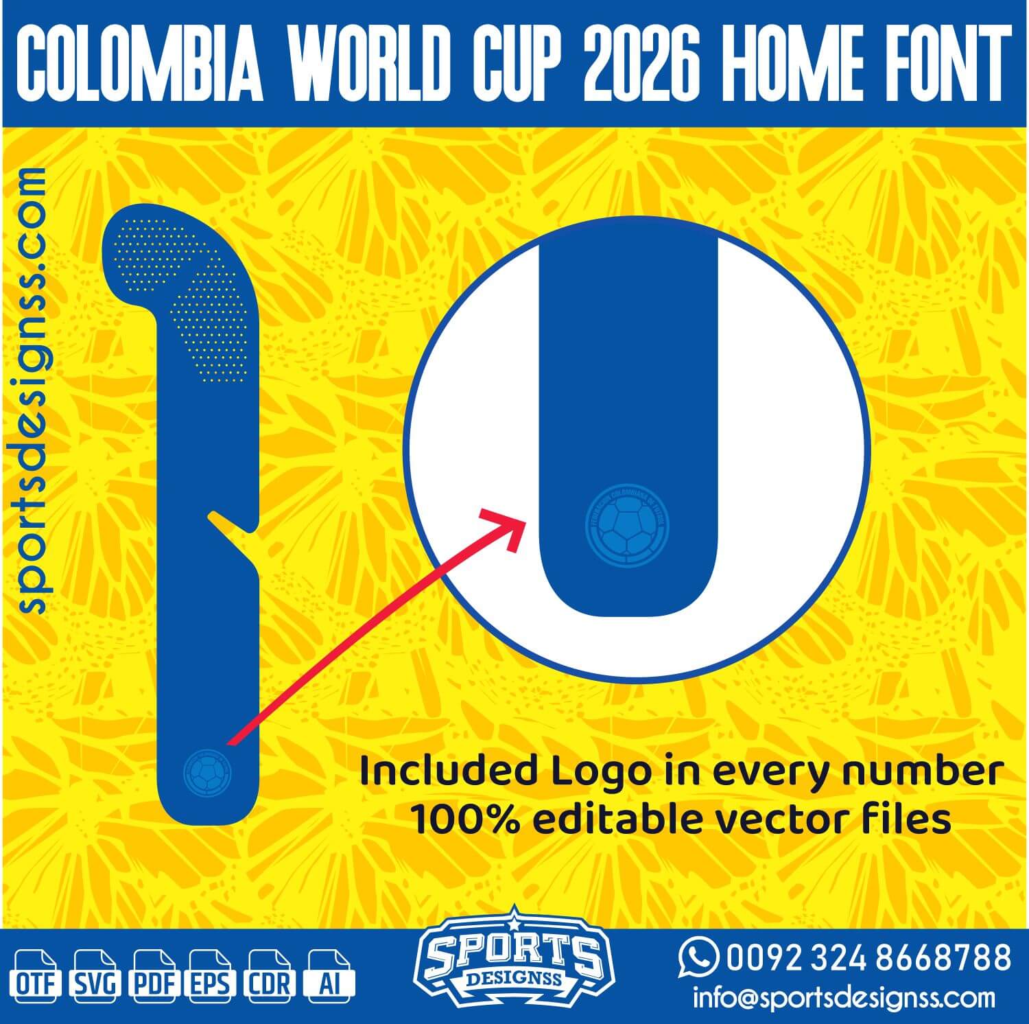 Download the COLOMBIA WORLD CUP 2026 HOME FONT by Sports Designss – a premium football jersey font inspired by modern kits. Perfect for creating professional soccer designs, team jerseys, and custom branding projects.
