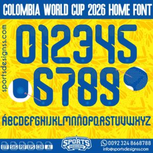 Download the COLOMBIA WORLD CUP 2026 HOME FONT by Sports Designss – a premium football jersey font inspired by modern kits. Perfect for creating professional soccer designs, team jerseys, and custom branding projects.