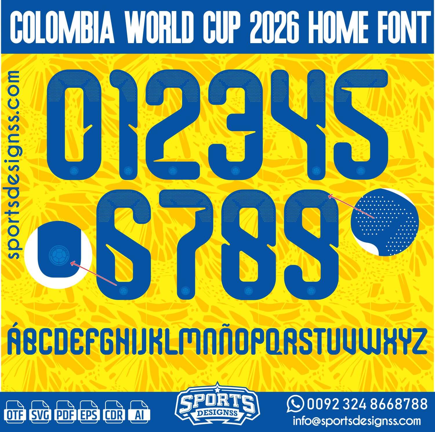 Download the COLOMBIA WORLD CUP 2026 HOME FONT by Sports Designss – a premium football jersey font inspired by modern kits. Perfect for creating professional soccer designs, team jerseys, and custom branding projects.