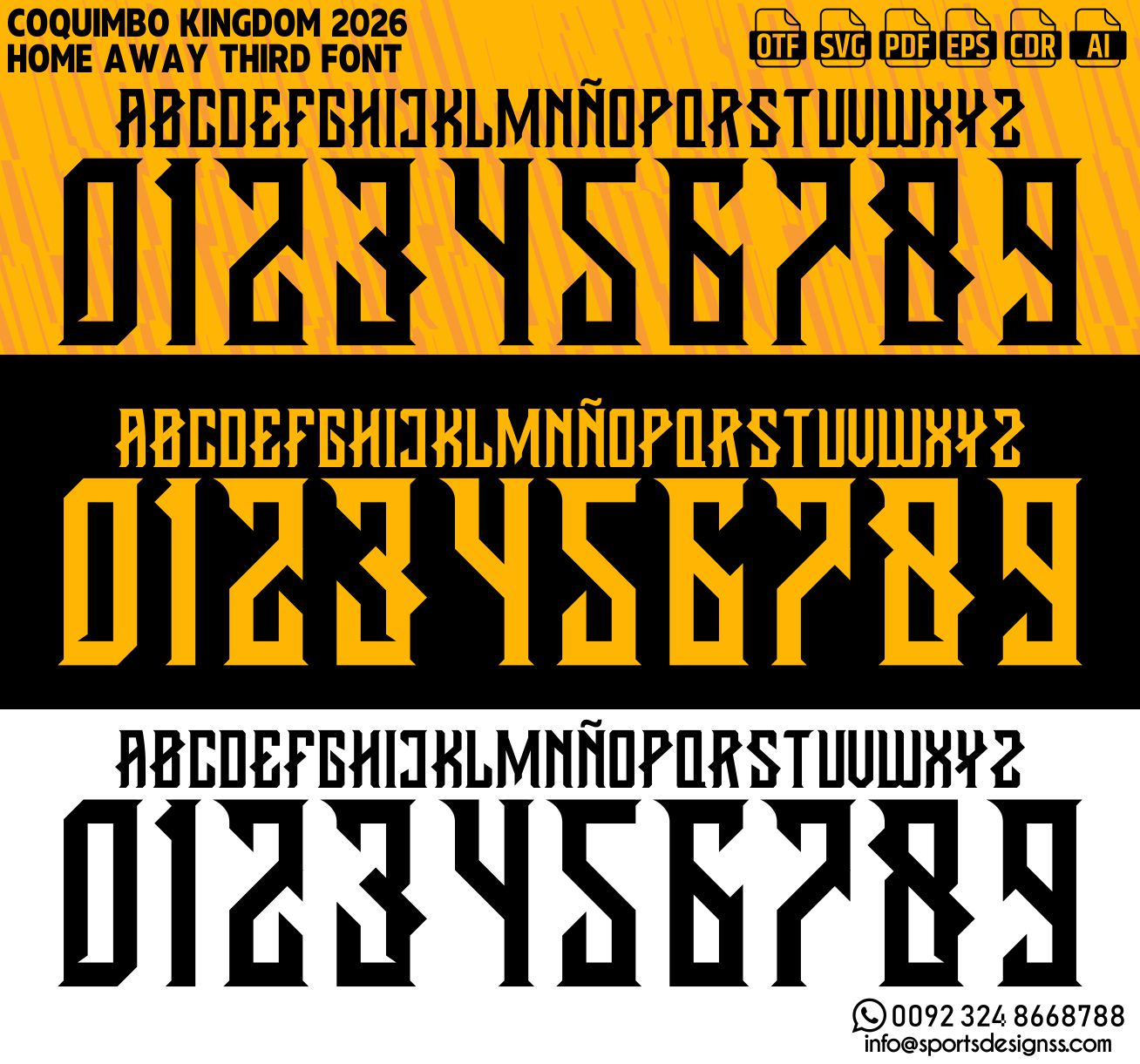 COQUIMBO KINGDOM 2026 HOME FONT by Sports Designss – a premium football jersey font inspired by modern kits. Perfect for creating professional soccer designs, team jerseys, and custom branding projects.