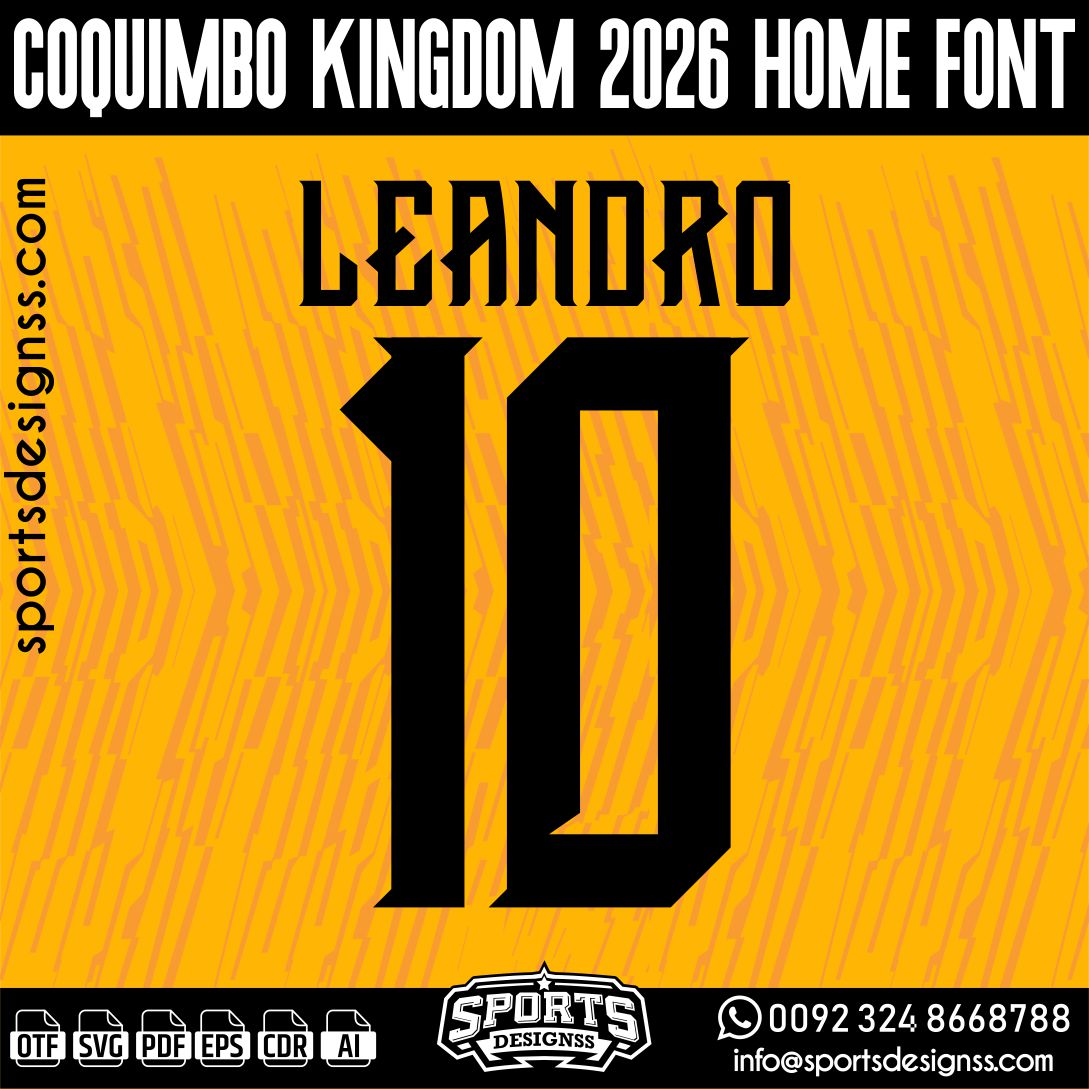 COQUIMBO KINGDOM 2026 HOME FONT by Sports Designss – a premium football jersey font inspired by modern kits. Perfect for creating professional soccer designs, team jerseys, and custom branding projects.