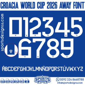 Download the CROACIA WORLD CUP 2026 AWAY FONT by Sports Designss – a premium football jersey font inspired by modern kits. Perfect for creating professional soccer designs, team jerseys, and custom branding projects.