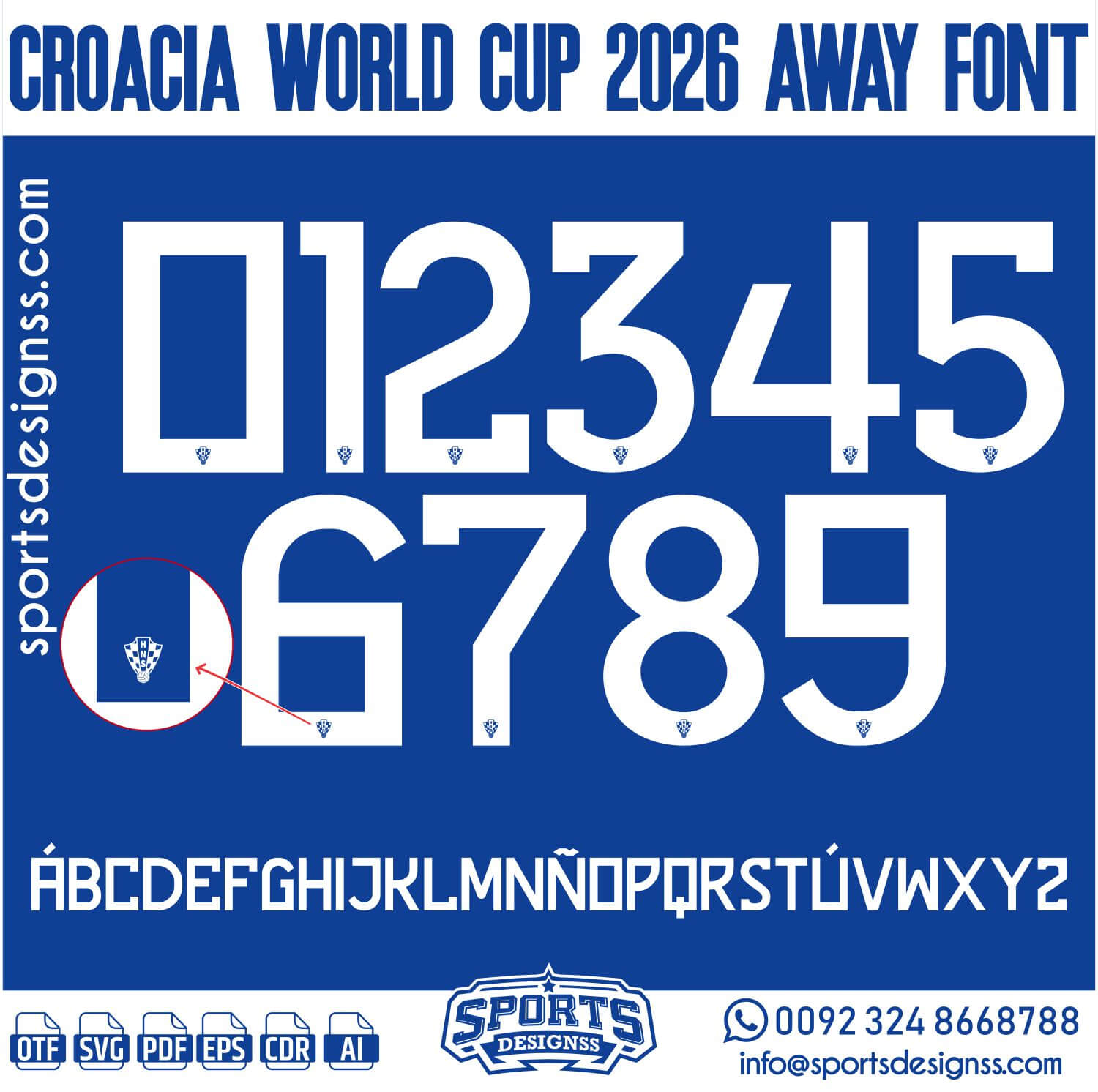 Download the CROACIA WORLD CUP 2026 AWAY FONT by Sports Designss – a premium football jersey font inspired by modern kits. Perfect for creating professional soccer designs, team jerseys, and custom branding projects.