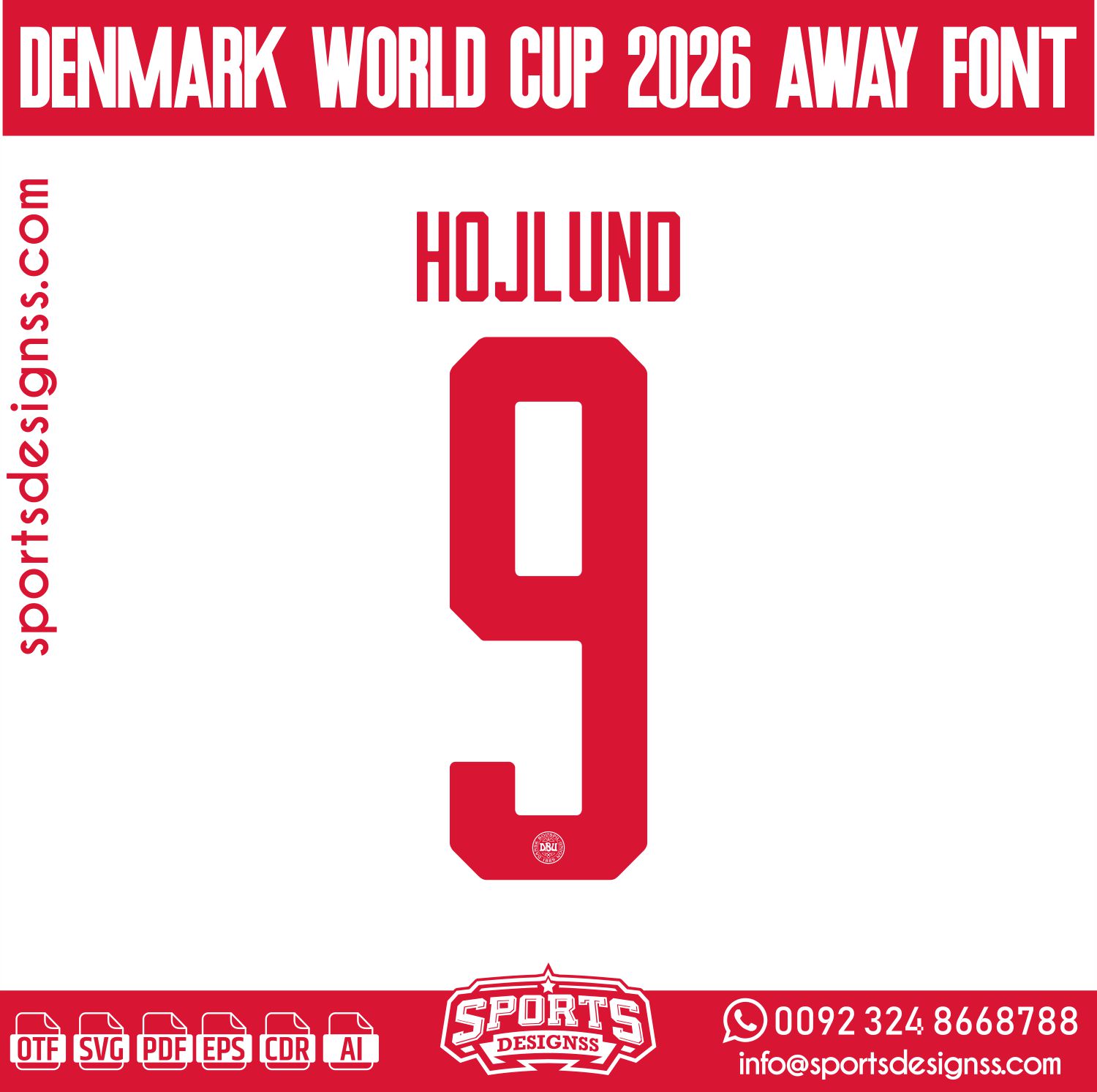 Download the DENMARK WORLD CUP 2026 AWAY FONT by Sports Designss – a premium football jersey font inspired by modern kits. Perfect for creating professional soccer designs, team jerseys, and custom branding projects.