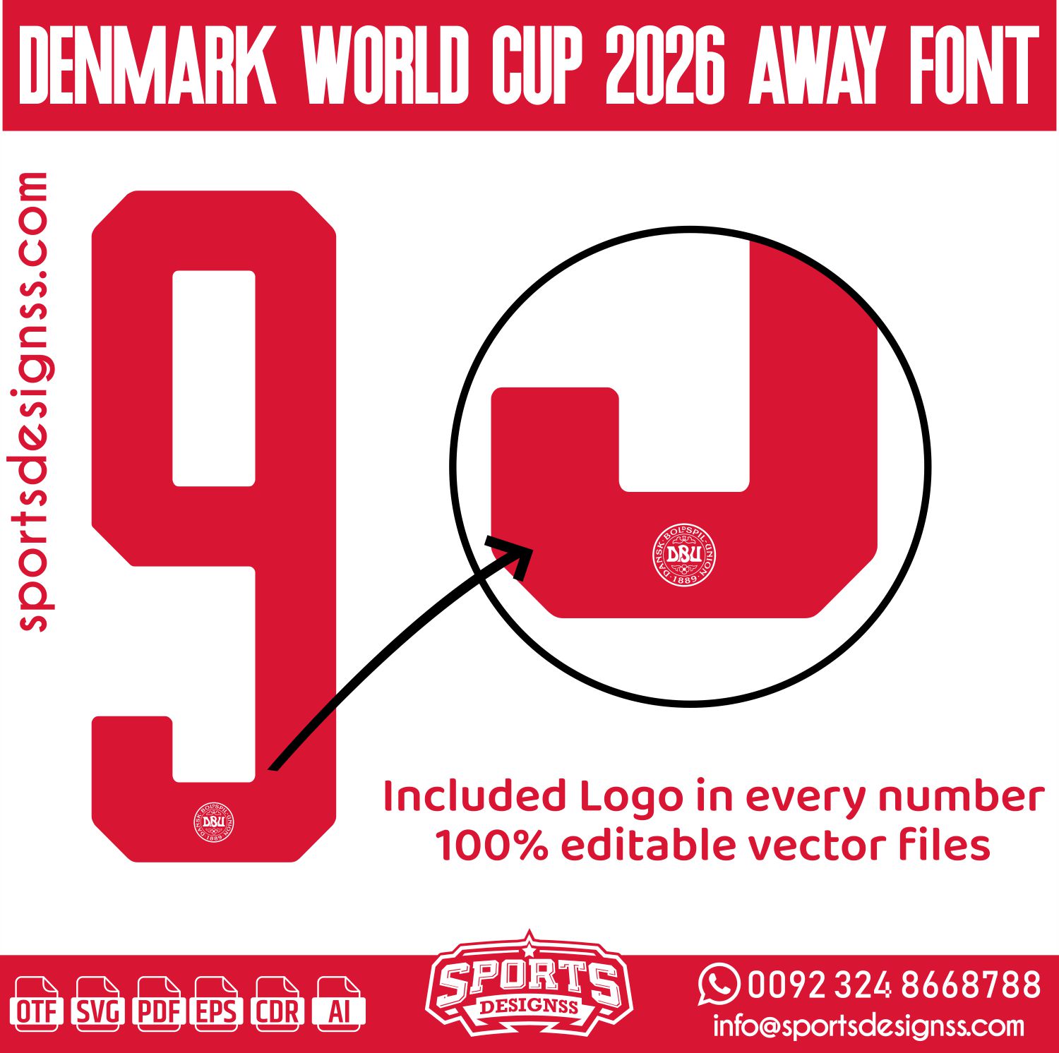 Download the DENMARK WORLD CUP 2026 AWAY FONT by Sports Designss – a premium football jersey font inspired by modern kits. Perfect for creating professional soccer designs, team jerseys, and custom branding projects.