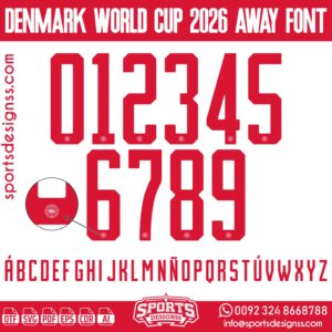 Download the DENMARK WORLD CUP 2026 AWAY FONT by Sports Designss – a premium football jersey font inspired by modern kits. Perfect for creating professional soccer designs, team jerseys, and custom branding projects.