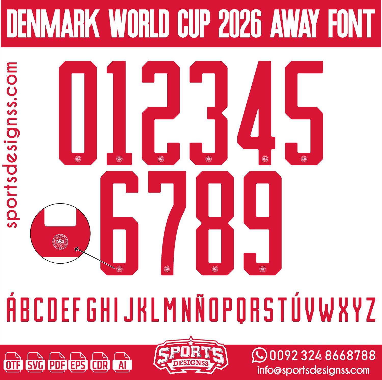 Download the DENMARK WORLD CUP 2026 AWAY FONT by Sports Designss – a premium football jersey font inspired by modern kits. Perfect for creating professional soccer designs, team jerseys, and custom branding projects.