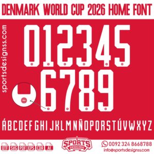 Download the DENMARK WORLD CUP 2026 HOME FONT by Sports Designss – a premium football jersey font inspired by modern kits. Perfect for creating professional soccer designs, team jerseys, and custom branding projects.