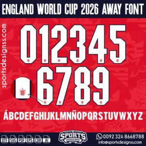 Download the ENGLAND WORLD CUP 2026 AWAY FONT by Sports Designss – a premium football jersey font inspired by modern kits. Perfect for creating professional soccer designs, team jerseys, and custom branding projects.