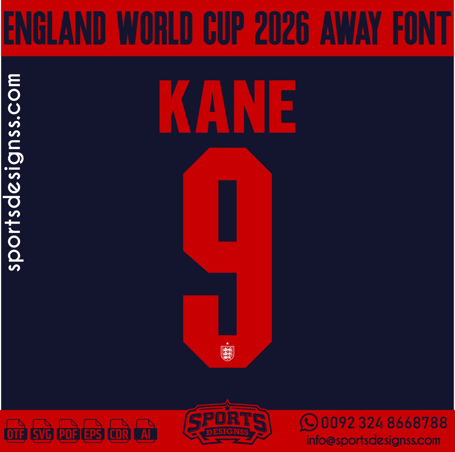 ENGLAND WORLD CUP 2026 FONT by Sports Designss – a premium football jersey font inspired by modern kits. Perfect for creating professional soccer designs, team jerseys, and custom branding projects.