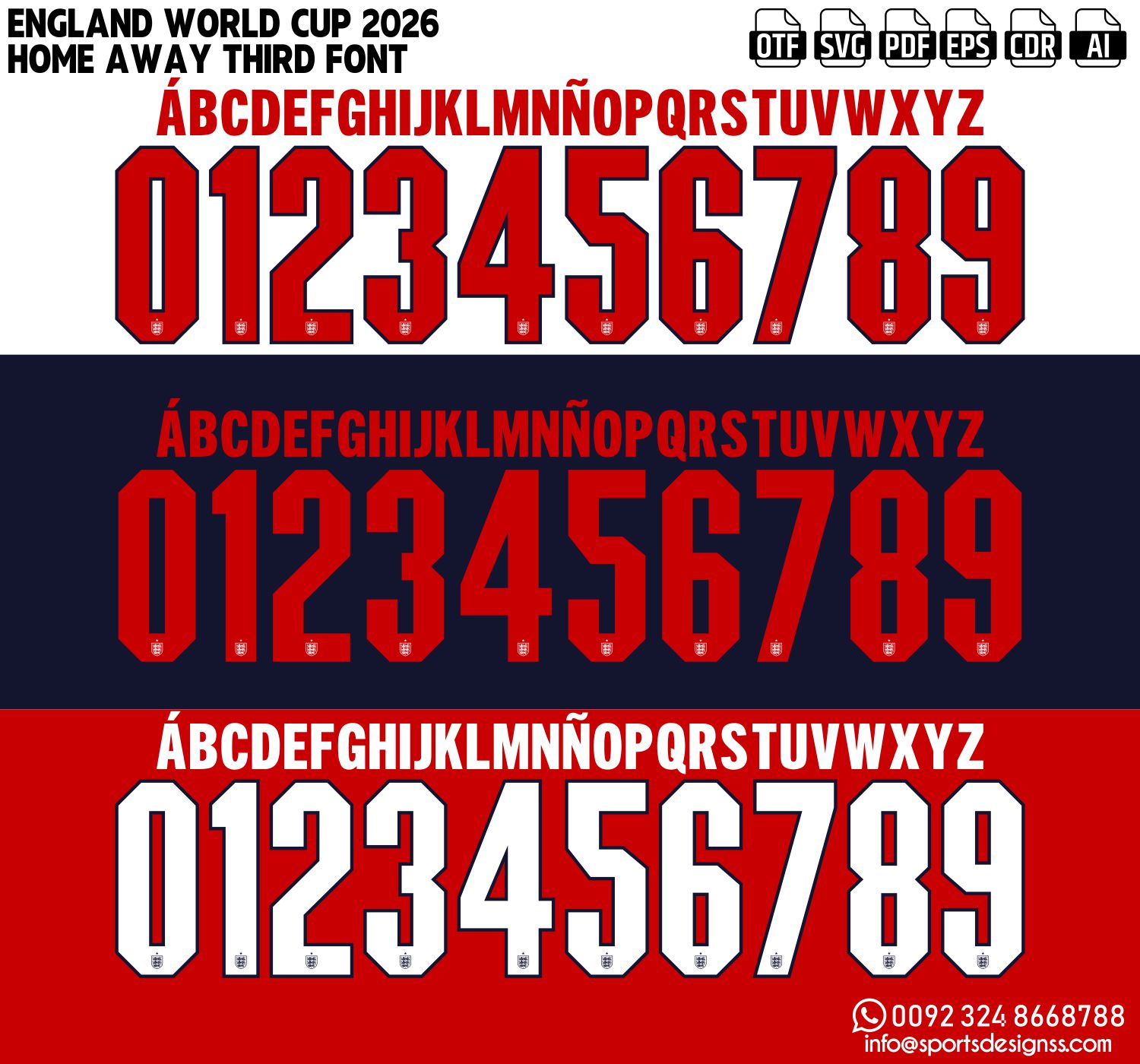 ENGLAND WORLD CUP 2026 FONT by Sports Designss – a premium football jersey font inspired by modern kits. Perfect for creating professional soccer designs, team jerseys, and custom branding projects.