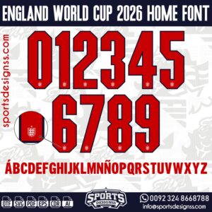 Download the ENGLAND WORLD CUP 2026 HOME FONT by Sports Designss – a premium football jersey font inspired by modern kits. Perfect for creating professional soccer designs, team jerseys, and custom branding projects.