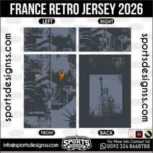 Download FRANCE RETRO JERSEY. Premium sublimation football shirt design, editable AI file for custom soccer kits and printing.