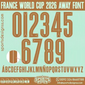 FRANCE WORLD CUP 2026 AWAY FONT by Sports Designss – a premium football jersey font inspired by modern kits. Perfect for creating professional soccer designs, team jerseys, and custom branding projects.