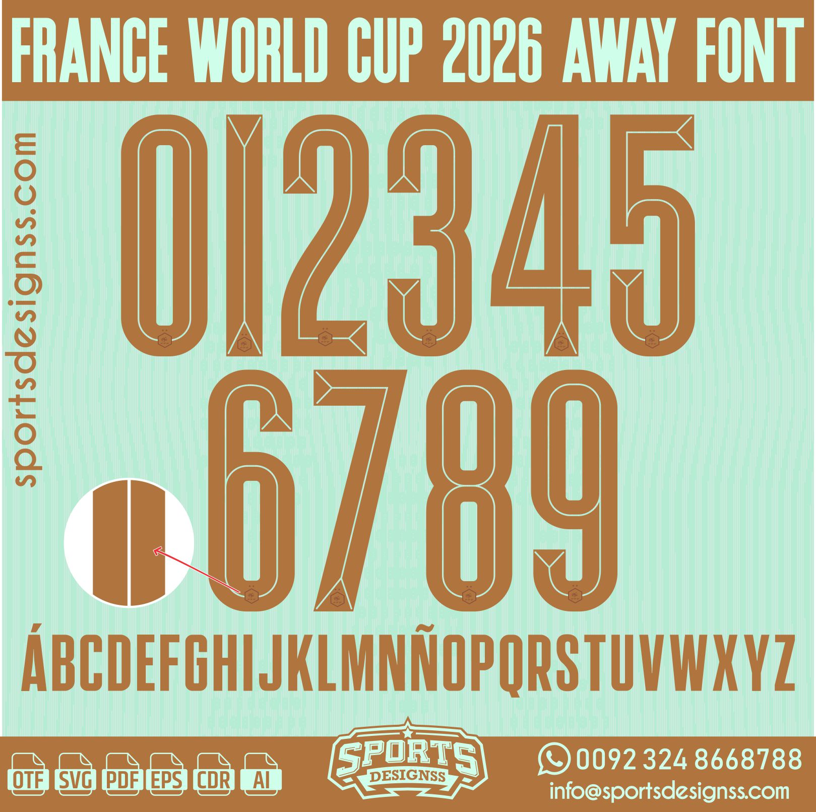 FRANCE WORLD CUP 2026 AWAY FONT by Sports Designss – a premium football jersey font inspired by modern kits. Perfect for creating professional soccer designs, team jerseys, and custom branding projects.