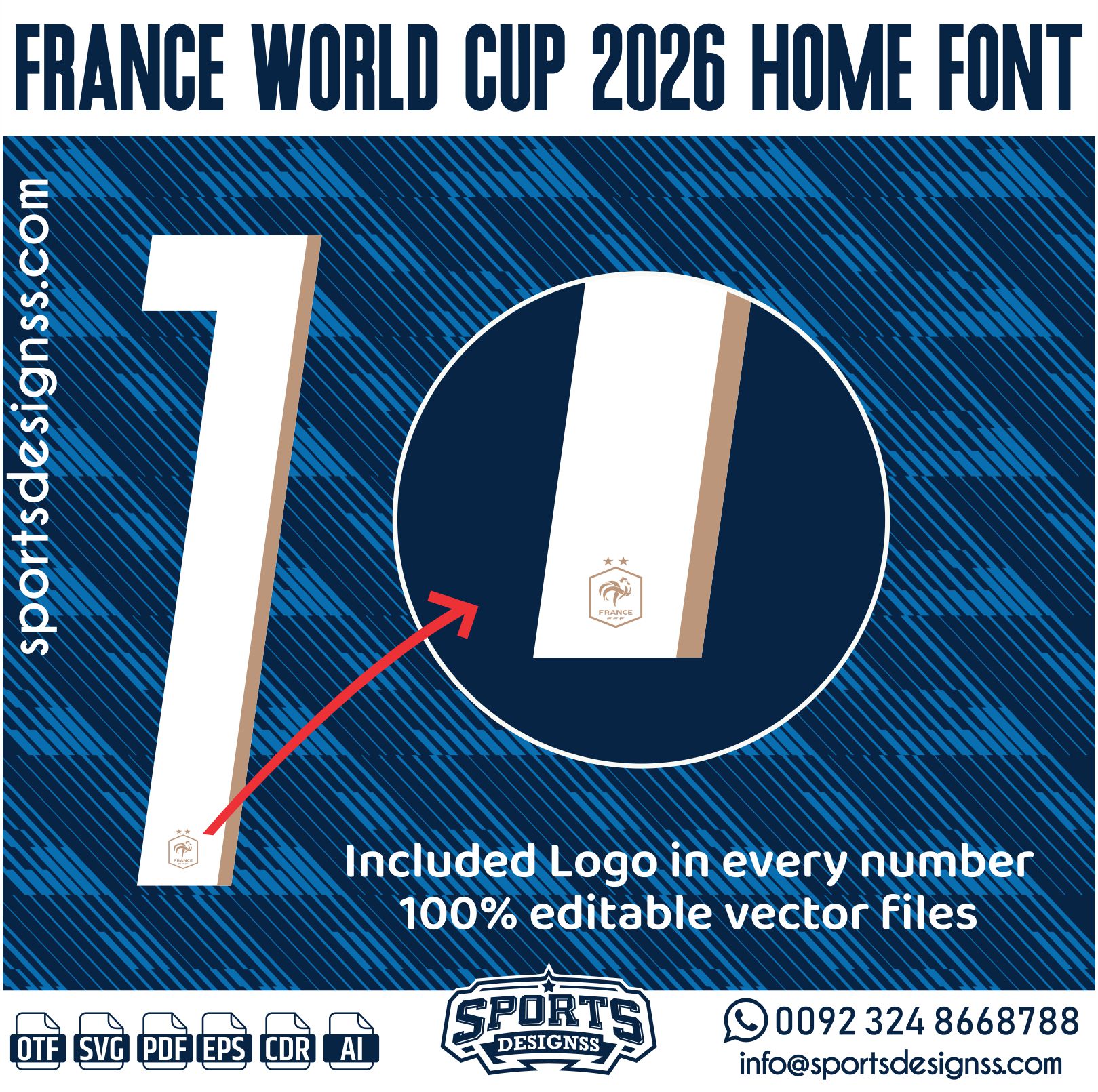 FRANCE WORLD CUP 2026 HOME FONT by Sports Designss – a premium football jersey font inspired by modern kits. Perfect for creating professional soccer designs, team jerseys, and custom branding projects.