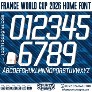 FRANCE WORLD CUP 2026 HOME FONT by Sports Designss β a premium football jersey font inspired by modern kits. Perfect for creating professional soccer designs, team jerseys, and custom branding projects.