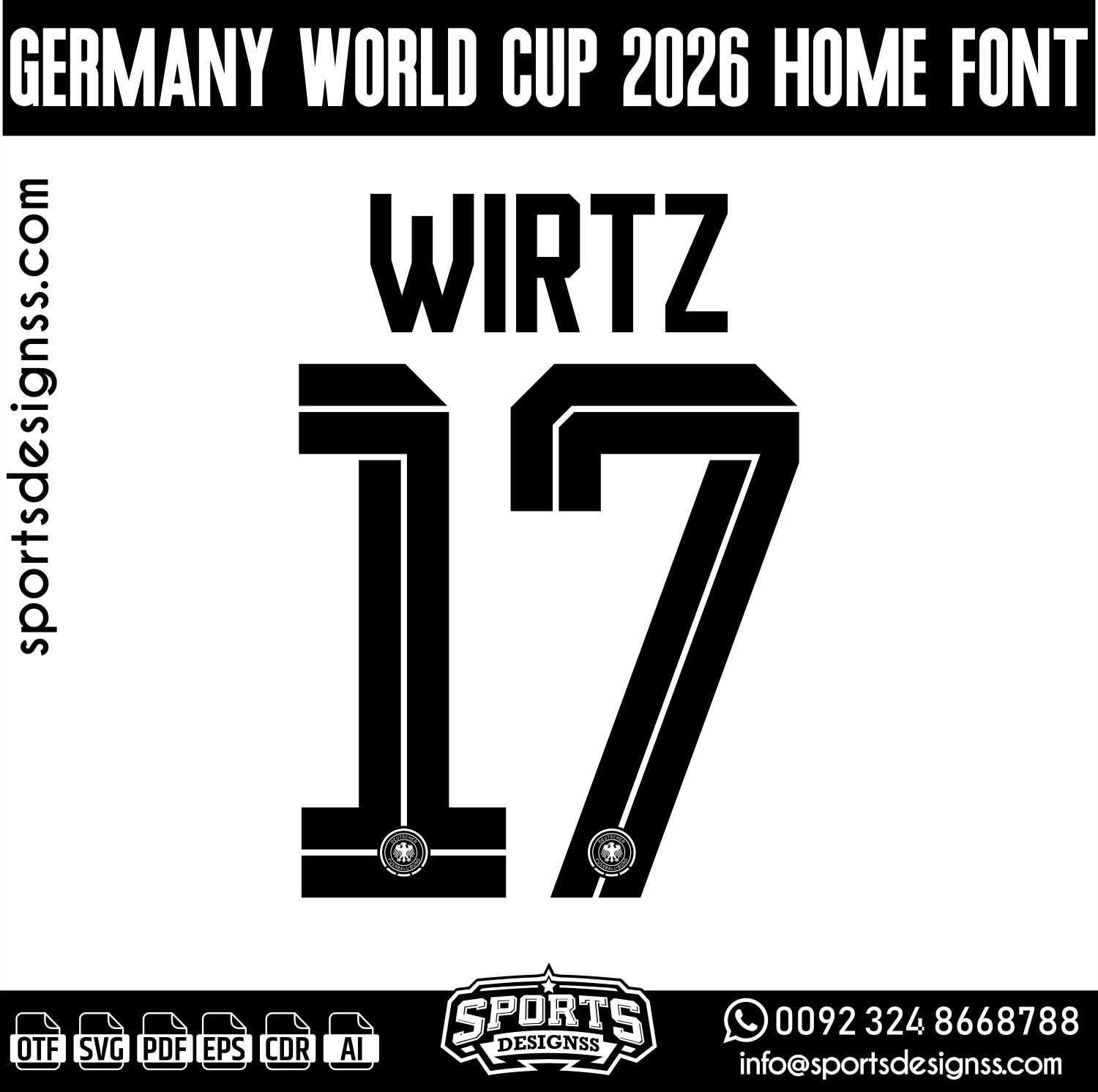 GERMANY WORLD CUP 2026 FONT by Sports Designss – a premium football jersey font inspired by modern kits. Perfect for creating professional soccer designs, team jerseys, and custom branding projects.