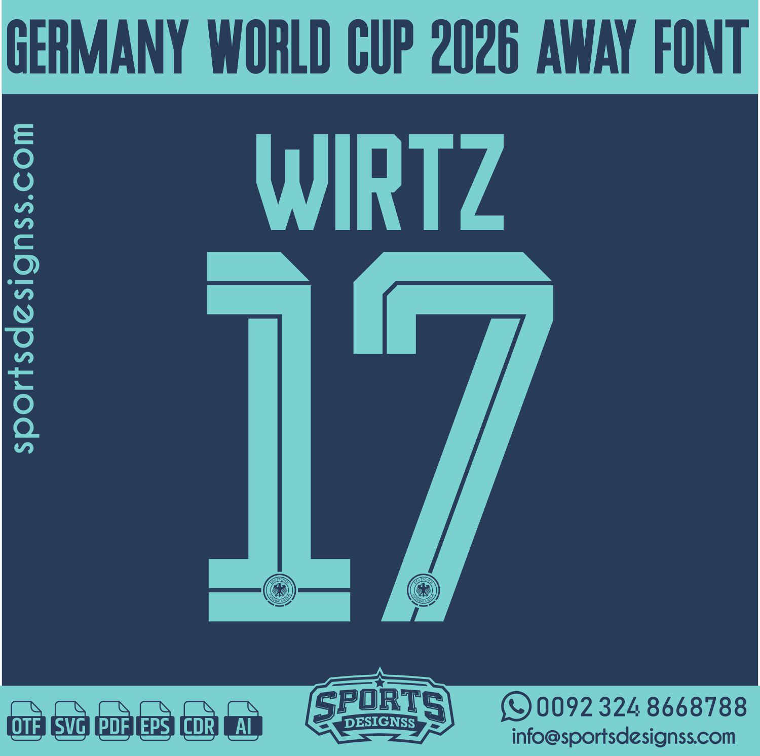 GERMANY WORLD CUP 2026 FONT by Sports Designss – a premium football jersey font inspired by modern kits. Perfect for creating professional soccer designs, team jerseys, and custom branding projects.