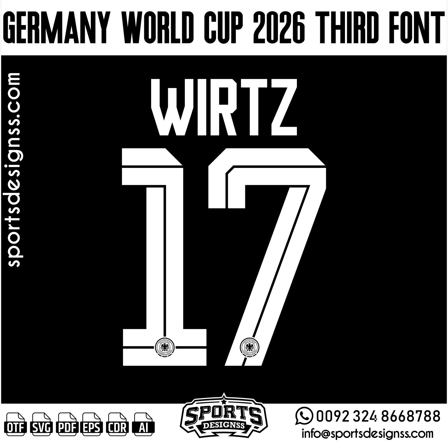 GERMANY WORLD CUP 2026 FONT by Sports Designss – a premium football jersey font inspired by modern kits. Perfect for creating professional soccer designs, team jerseys, and custom branding projects.