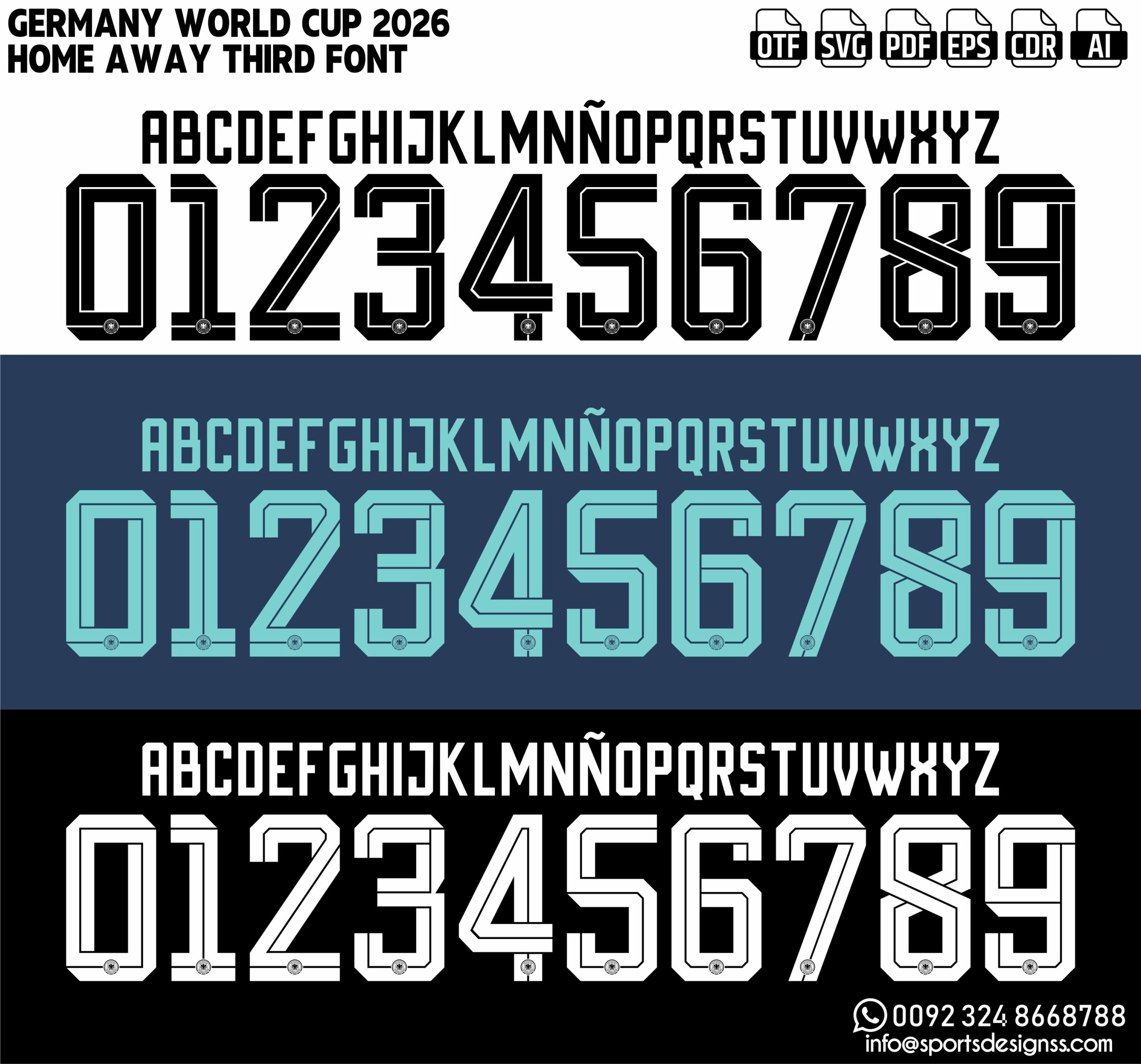 GERMANY WORLD CUP 2026 FONT by Sports Designss – a premium football jersey font inspired by modern kits. Perfect for creating professional soccer designs, team jerseys, and custom branding projects.