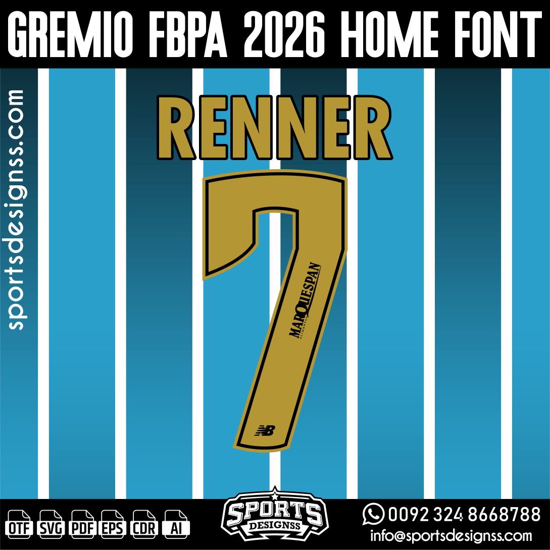 Gremio FBPA 2026 FONT by Sports Designss – a premium football jersey font inspired by modern kits. Perfect for creating professional soccer designs, team jerseys, and custom branding projects.