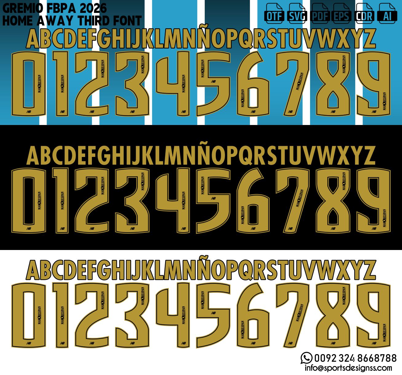 Gremio FBPA 2026 FONT by Sports Designss – a premium football jersey font inspired by modern kits. Perfect for creating professional soccer designs, team jerseys, and custom branding projects.