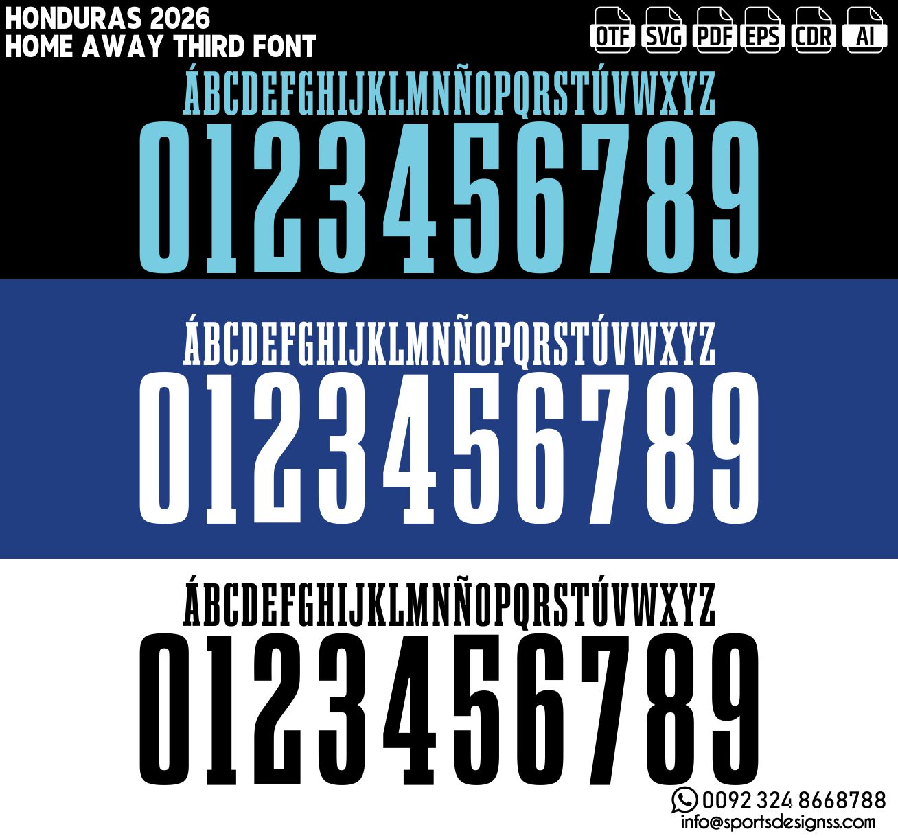 HONDURAS 2026 FONT by Sports Designss – a premium football jersey font inspired by modern kits. Perfect for creating professional soccer designs, team jerseys, and custom branding projects.