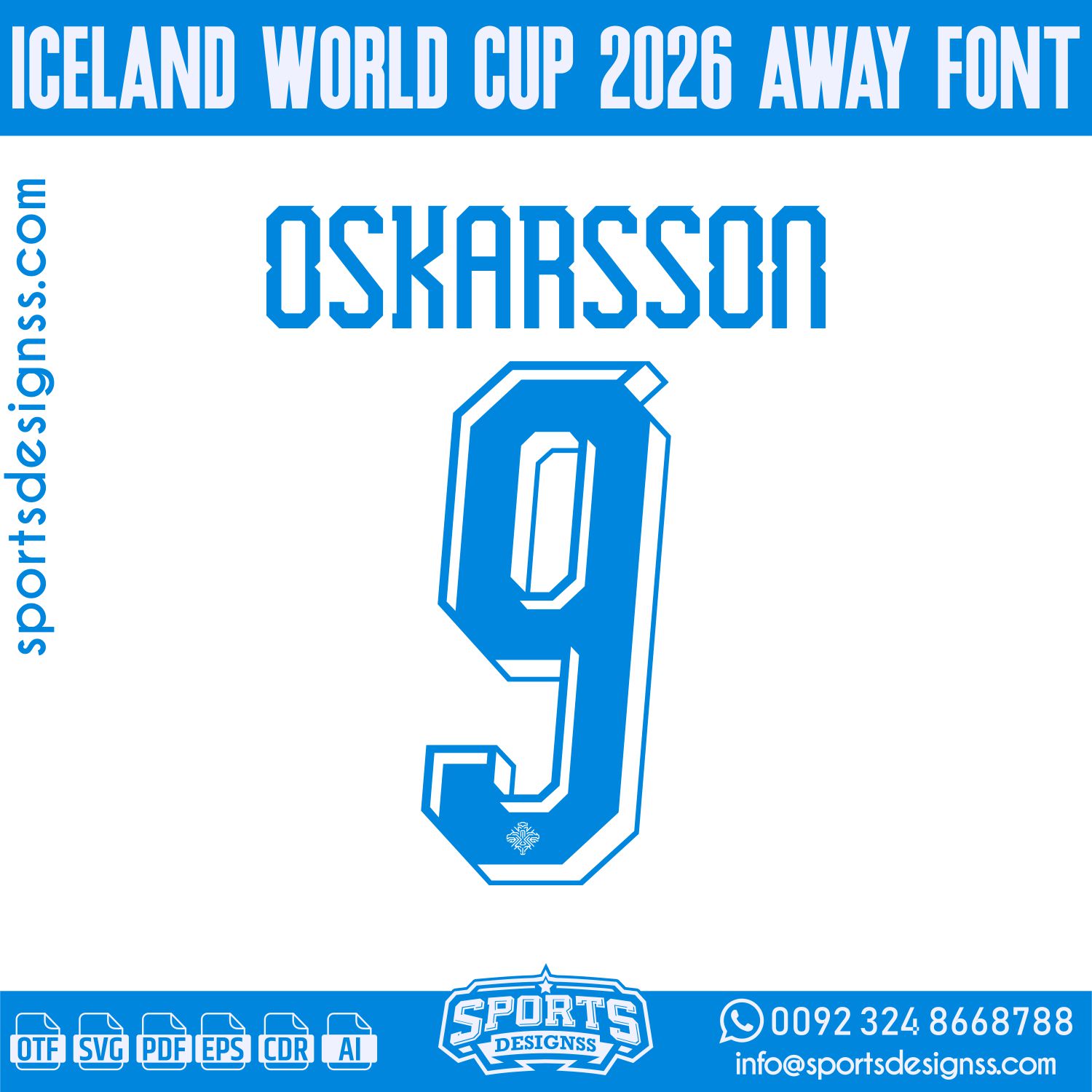 ICELAND WORLD CUP 2026 FONT by Sports Designss – a premium football jersey font inspired by modern kits. Perfect for creating professional soccer designs, team jerseys, and custom branding projects.