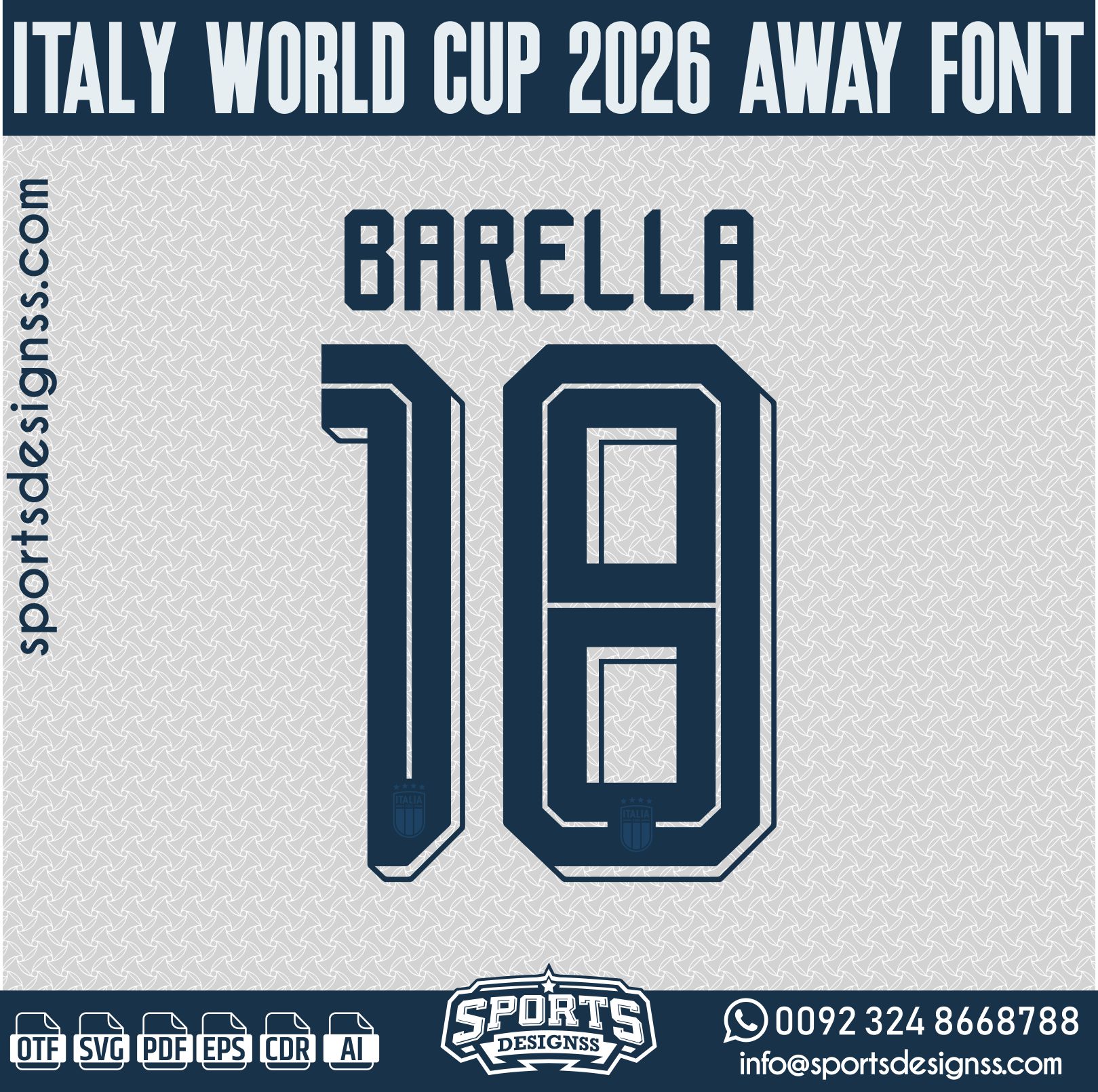 ITALY WORLD CUP 2026 AWAY FONT by Sports Designss – a premium football jersey font inspired by modern kits. Perfect for creating professional soccer designs, team jerseys, and custom branding projects.