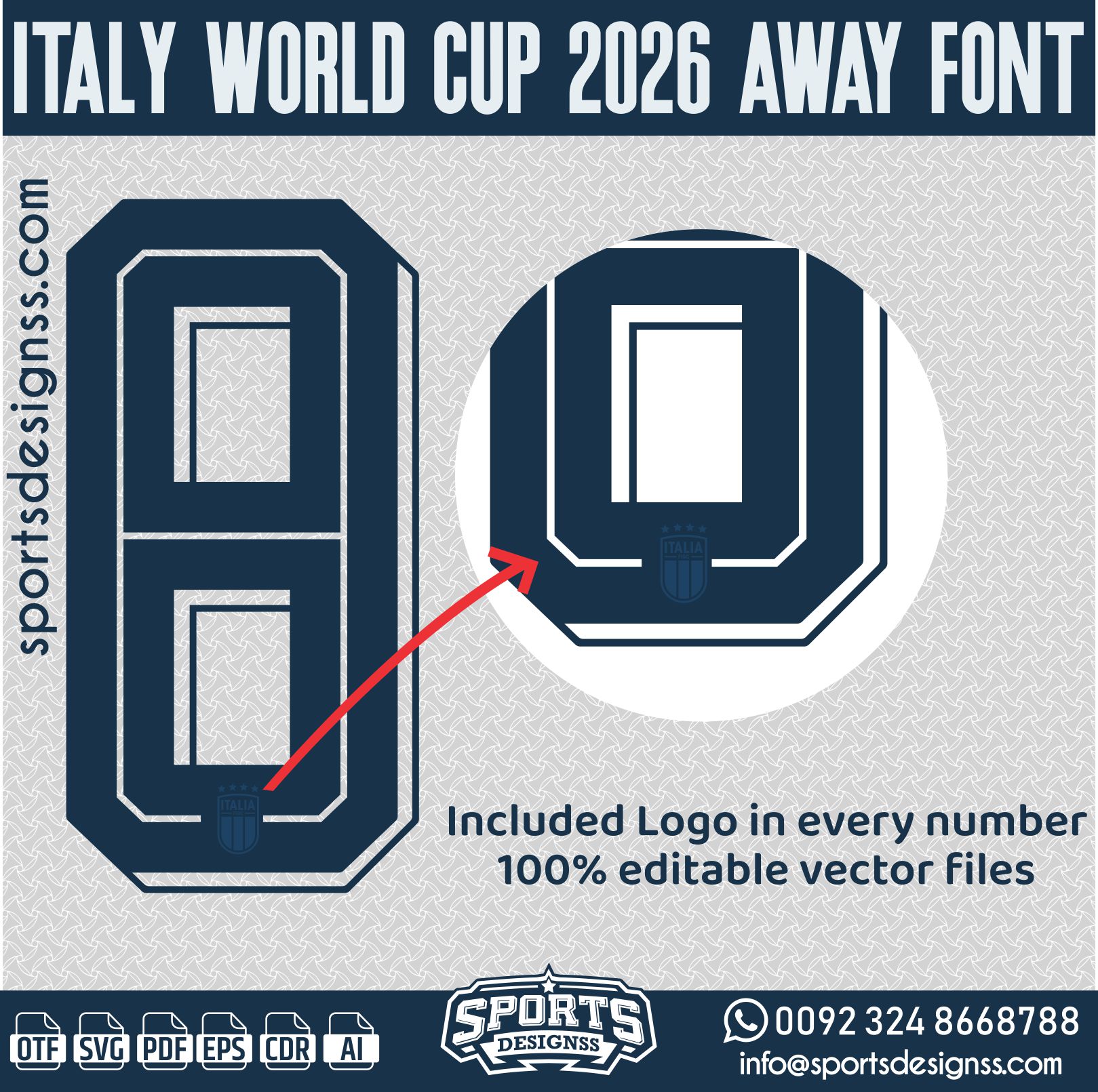 ITALY WORLD CUP 2026 AWAY FONT by Sports Designss – a premium football jersey font inspired by modern kits. Perfect for creating professional soccer designs, team jerseys, and custom branding projects.