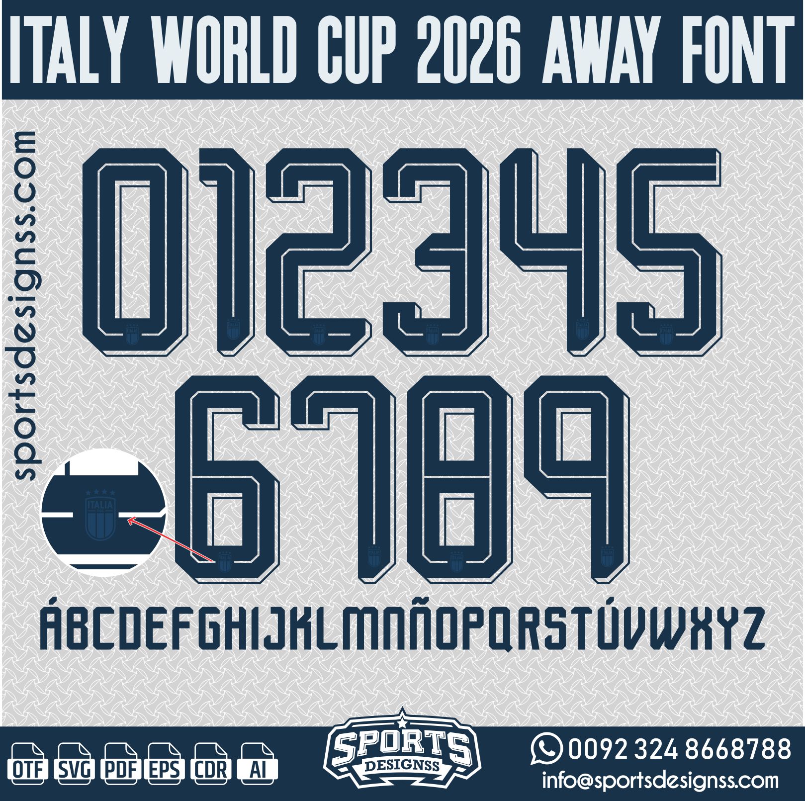 ITALY WORLD CUP 2026 AWAY FONT by Sports Designss – a premium football jersey font inspired by modern kits. Perfect for creating professional soccer designs, team jerseys, and custom branding projects.