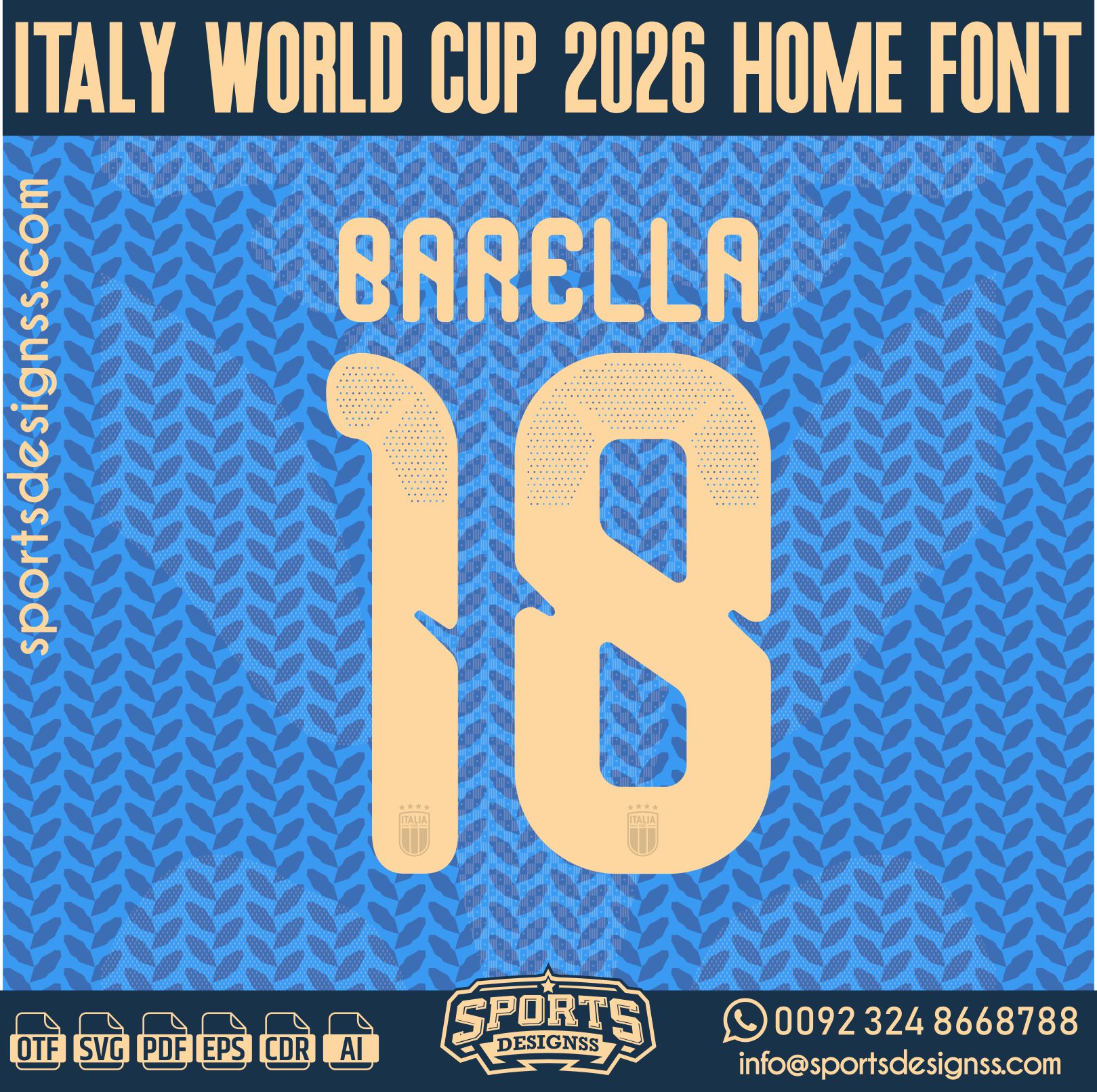 ITALY WORLD CUP 2026 HOME FONT by Sports Designss – a premium football jersey font inspired by modern kits. Perfect for creating professional soccer designs, team jerseys, and custom branding projects.