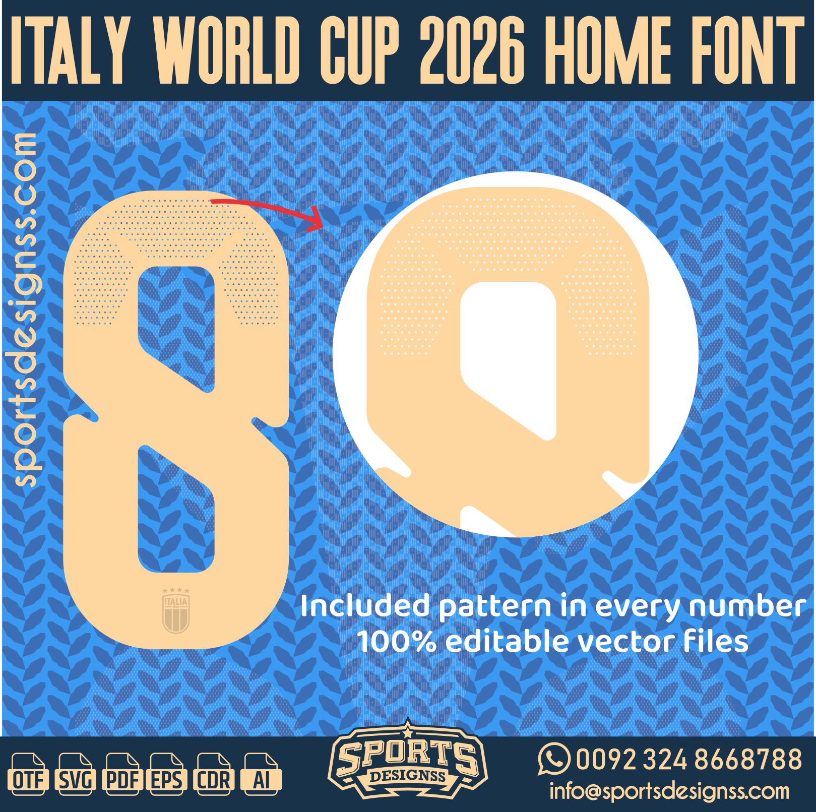 ITALY WORLD CUP 2026 HOME FONT by Sports Designss – a premium football jersey font inspired by modern kits. Perfect for creating professional soccer designs, team jerseys, and custom branding projects.