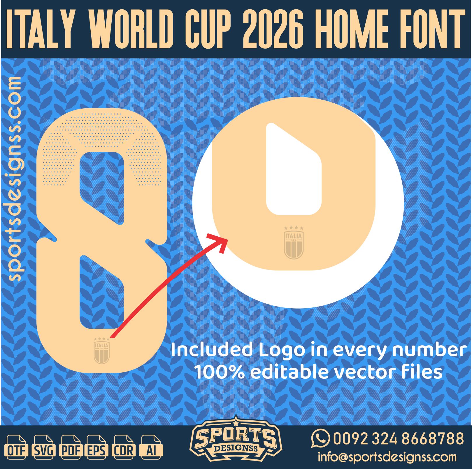 ITALY WORLD CUP 2026 HOME FONT by Sports Designss – a premium football jersey font inspired by modern kits. Perfect for creating professional soccer designs, team jerseys, and custom branding projects.