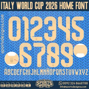 ITALY WORLD CUP 2026 HOME FONT by Sports Designss – a premium football jersey font inspired by modern kits. Perfect for creating professional soccer designs, team jerseys, and custom branding projects.