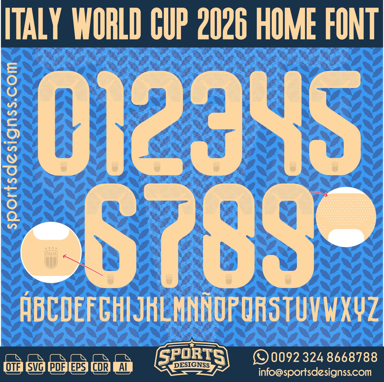 ITALY WORLD CUP 2026 HOME FONT by Sports Designss – a premium football jersey font inspired by modern kits. Perfect for creating professional soccer designs, team jerseys, and custom branding projects.