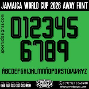 JAMAICA WORLD CUP 2026 AWAY FONT by Sports Designss – a premium football jersey font inspired by modern kits. Perfect for creating professional soccer designs, team jerseys, and custom branding projects.