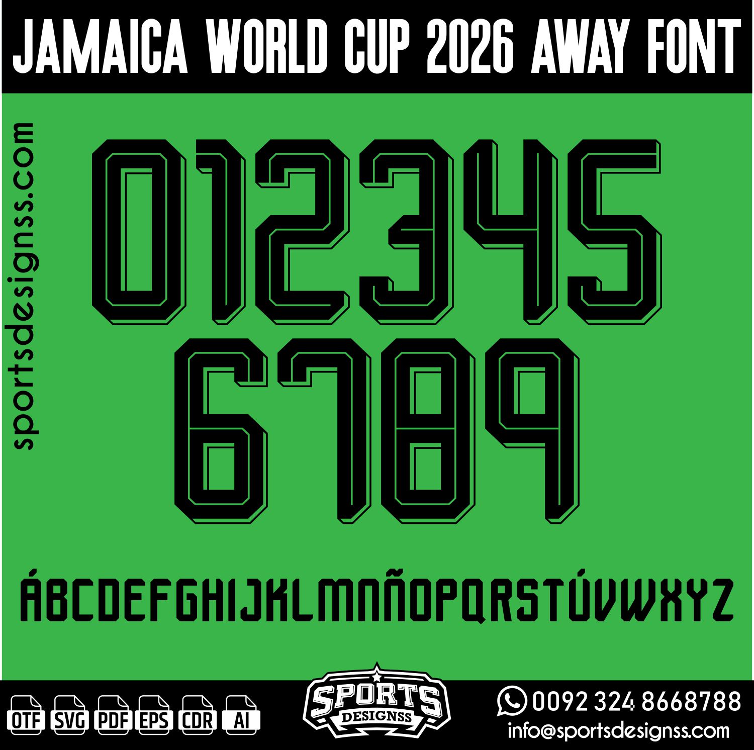 JAMAICA WORLD CUP 2026 AWAY FONT by Sports Designss – a premium football jersey font inspired by modern kits. Perfect for creating professional soccer designs, team jerseys, and custom branding projects.