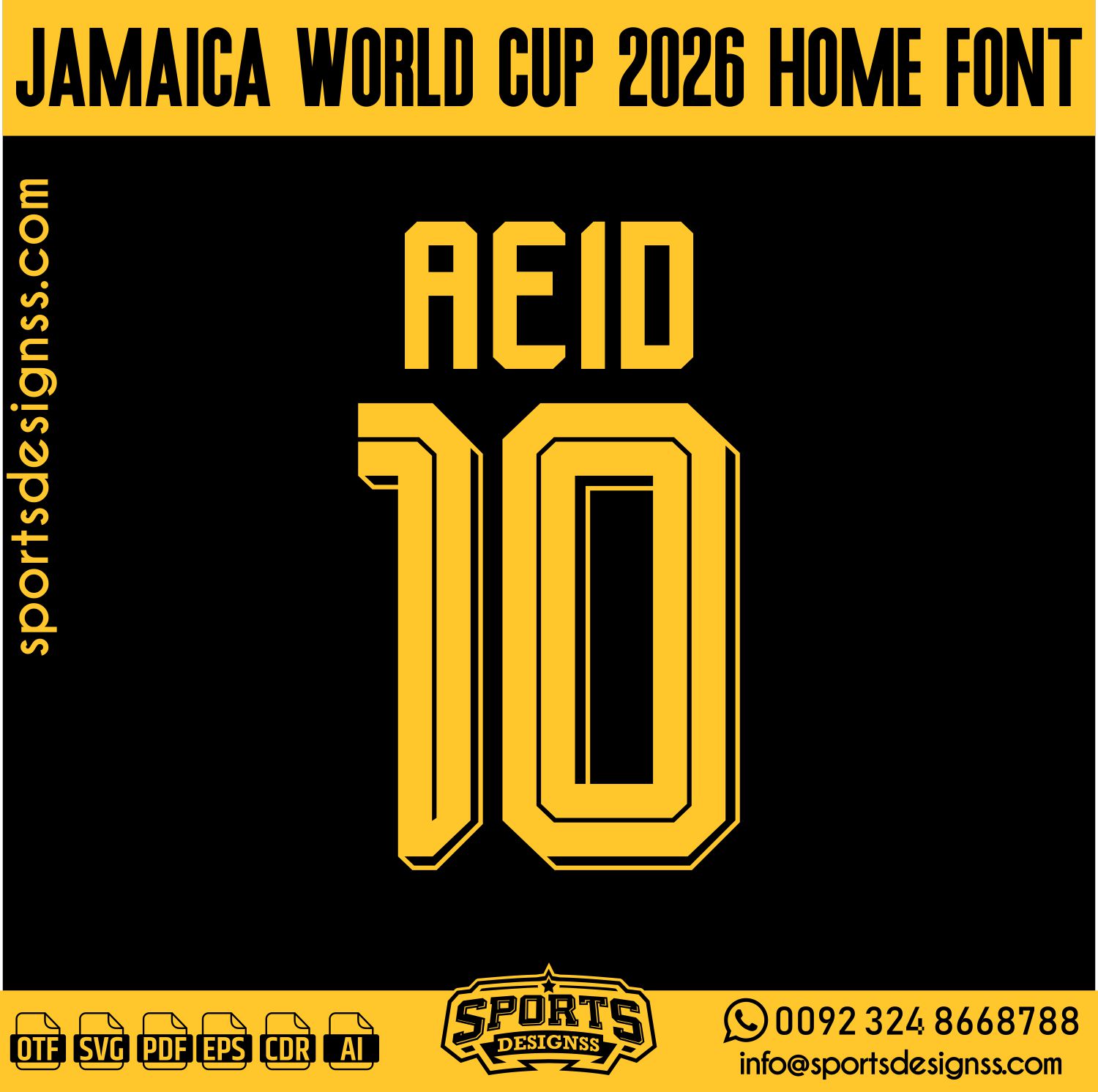 JAMAICA WORLD CUP 2026 HOME FONT by Sports Designss – a premium football jersey font inspired by modern kits. Perfect for creating professional soccer designs, team jerseys, and custom branding projects.