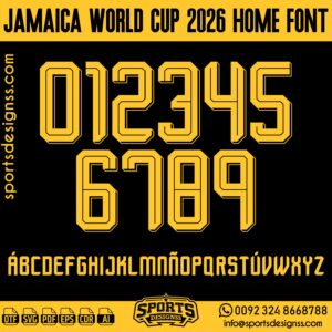 JAMAICA WORLD CUP 2026 HOME FONT by Sports Designss – a premium football jersey font inspired by modern kits. Perfect for creating professional soccer designs, team jerseys, and custom branding projects.