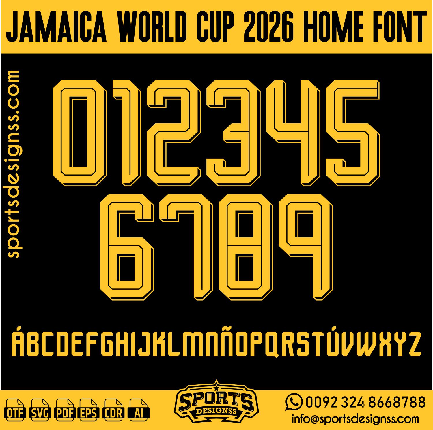 JAMAICA WORLD CUP 2026 HOME FONT by Sports Designss – a premium football jersey font inspired by modern kits. Perfect for creating professional soccer designs, team jerseys, and custom branding projects.