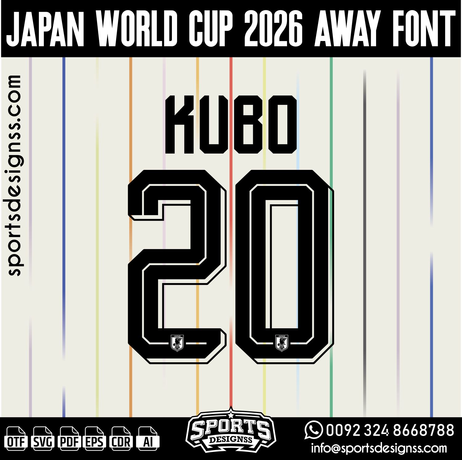 JAPAN WORLD CUP 2026 AWAY FONT by Sports Designss – a premium football jersey font inspired by modern kits. Perfect for creating professional soccer designs, team jerseys, and custom branding projects.