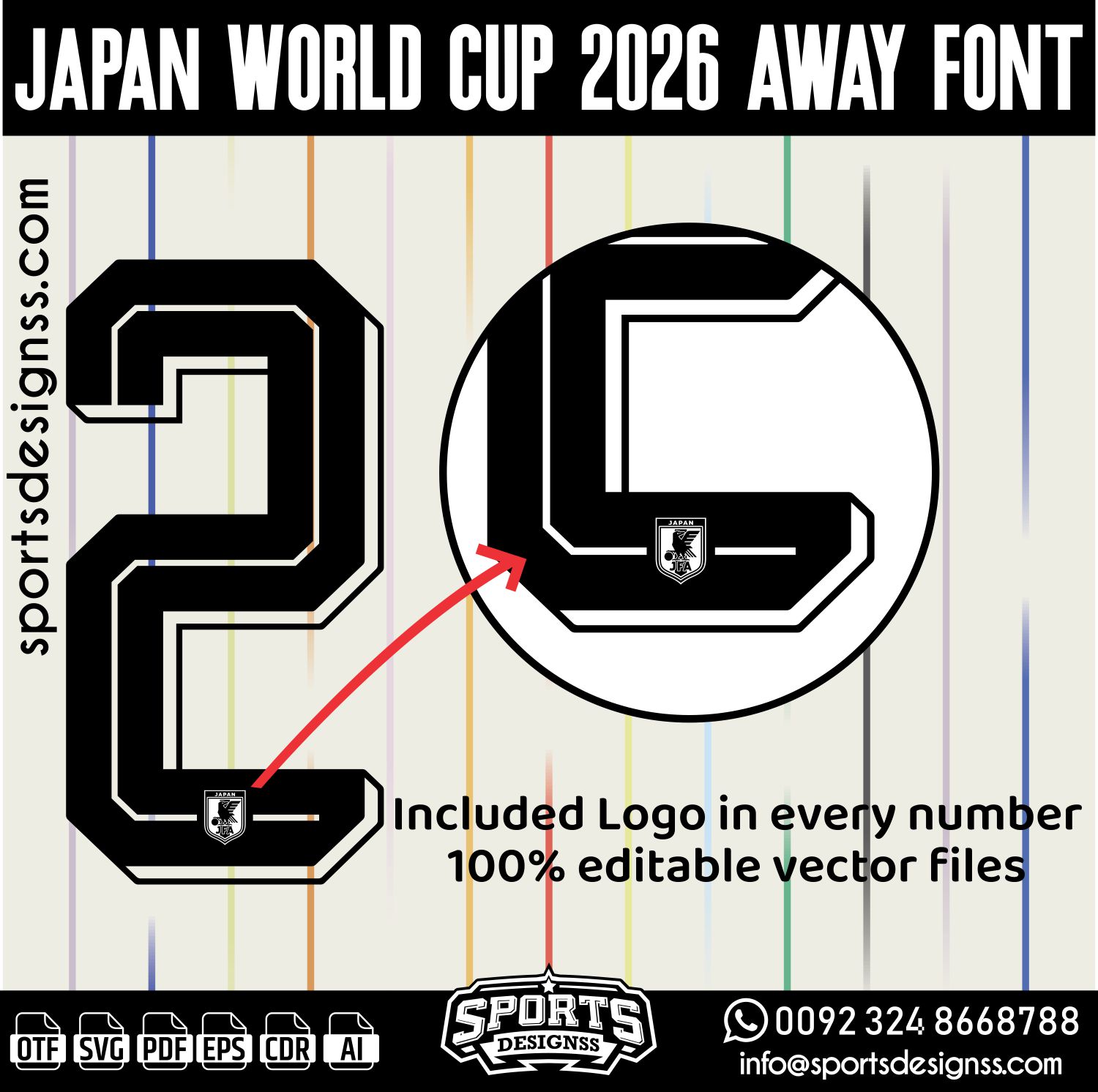 JAPAN WORLD CUP 2026 AWAY FONT by Sports Designss – a premium football jersey font inspired by modern kits. Perfect for creating professional soccer designs, team jerseys, and custom branding projects.